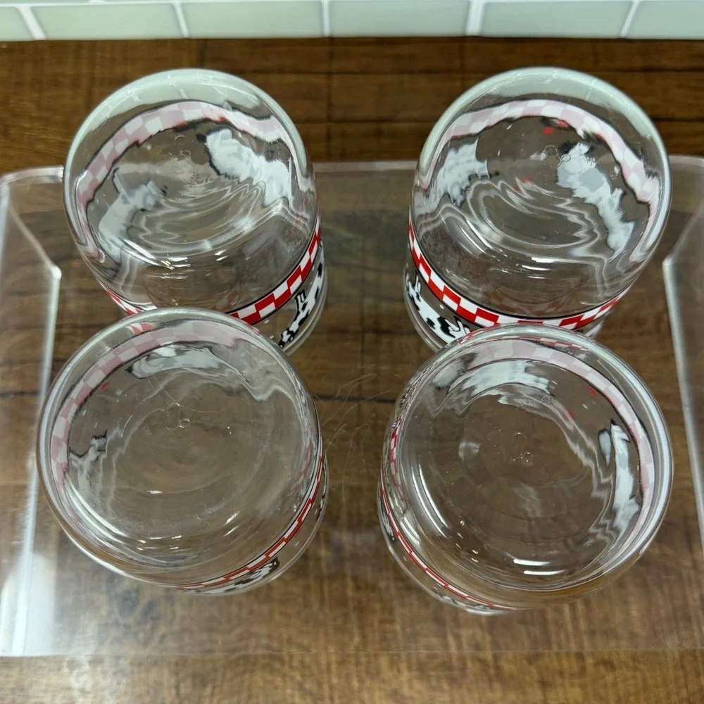 Vintage Libbey Cow Glasses Set of 4 Red Checkered Hearts Juice Rocks READ Flaws